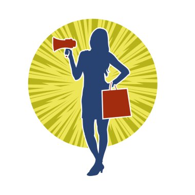 Sıska bir kadının silueti alışveriş çantası taşıyor ve megafonla bağırıyor. Kadın bir reklam spikerinin silueti.. 