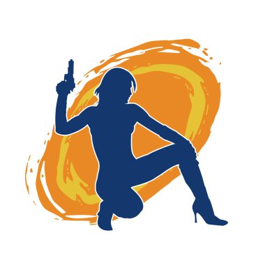 Kadın dövüşçü silueti. Tabanca ya da tabanca taşıyor..