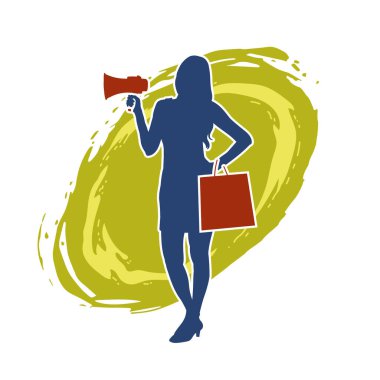 Sıska bir kadının silueti alışveriş çantası taşıyor ve megafonla bağırıyor. Kadın bir reklam spikerinin silueti.. 