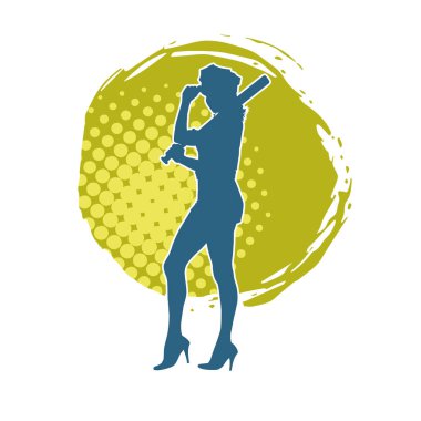 İnce bir kadın modelin silueti polis memuru kostümü giymiş beyzbol sopası taşıyor.