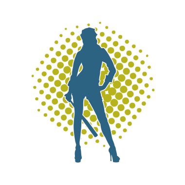 İnce bir kadın modelin silueti polis memuru kostümü giymiş beyzbol sopası taşıyor.