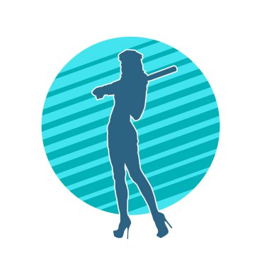 İnce bir kadın modelin silueti polis memuru kostümü giymiş beyzbol sopası taşıyor.