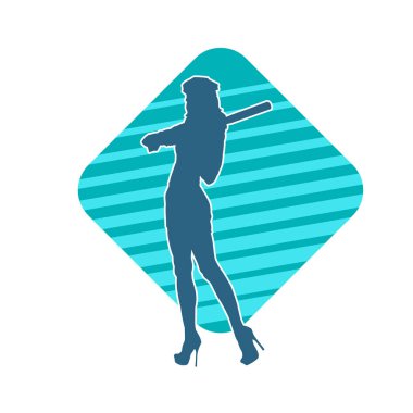 İnce bir kadın modelin silueti polis memuru kostümü giymiş beyzbol sopası taşıyor.