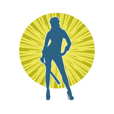 İnce bir kadın modelin silueti polis memuru kostümü giymiş beyzbol sopası taşıyor.