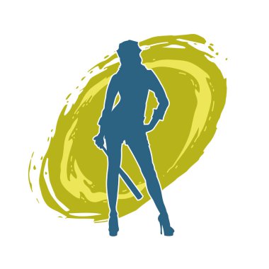 İnce bir kadın modelin silueti polis memuru kostümü giymiş beyzbol sopası taşıyor.