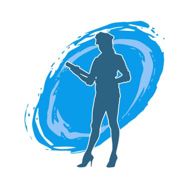 İnce bir kadın modelin silueti polis memuru kostümü giymiş beyzbol sopası taşıyor.