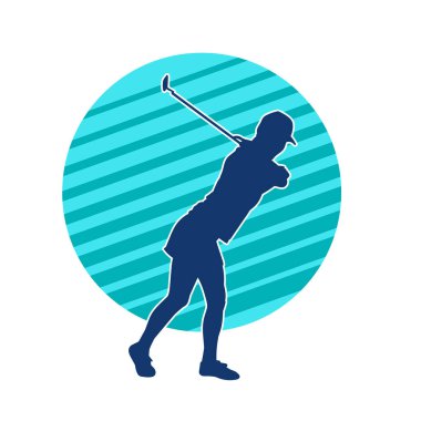 Golf oynayan bir kadının silüeti. Hareketli bir kadın golfçünün silueti..