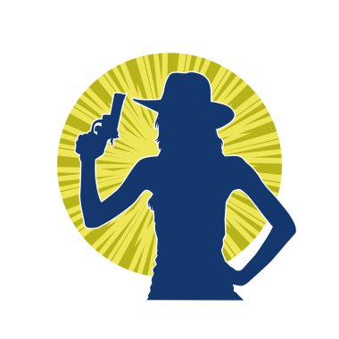 Elinde tabanca tutan bir kovboy kızın silüeti. Bir kadın şerifin silueti tabanca taşıyor..