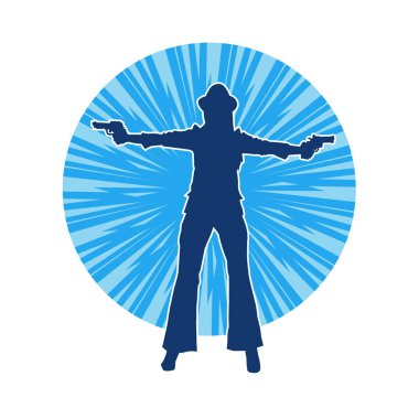 Uzun pantolon ve fötr şapka giyen zayıf bir kadın modelin silueti. Tabancayla poz veriyor..