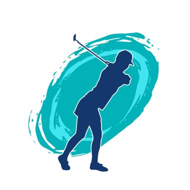 Golf oynayan bir kadının silüeti. Hareketli bir kadın golfçünün silueti..