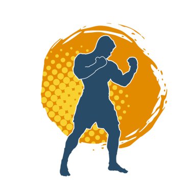 Erkek boks atletinin silueti iş başında. Boks sporu için eldiven giyen kaslı bir adamın silueti..