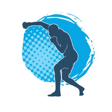 Erkek boks atletinin silueti iş başında. Boks sporu için eldiven giyen kaslı bir adamın silueti..