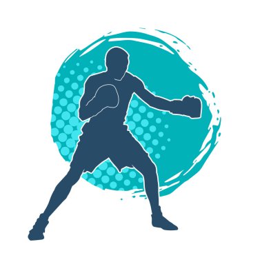 Erkek boks atletinin silueti iş başında. Boks sporu için eldiven giyen kaslı bir adamın silueti..