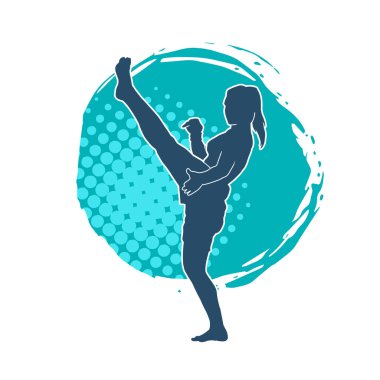 Hareketli kadın kickboksör atletinin silueti. Tekme atan bir kadının silueti..