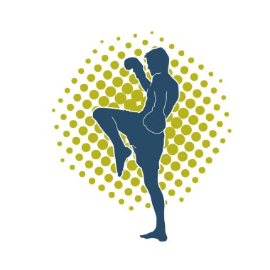 Hareketli erkek kickboksör atletinin silueti. Tekme atan bir adamın silueti..