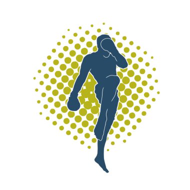 Hareketli erkek kickboksör atletinin silueti. Tekme atan bir adamın silueti..