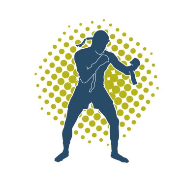 Hareketli erkek kickboksör atletinin silueti. Tekme atan bir adamın silueti..