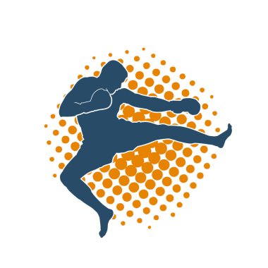 Hareketli erkek kickboksör atletinin silueti. Tekme atan bir adamın silueti..