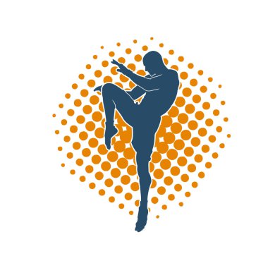 Hareketli erkek kickboksör atletinin silueti. Tekme atan bir adamın silueti..