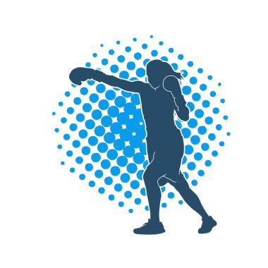 Kadın boks oyuncusunun silueti. Boks yaparken boks eldiveni giyen bir kadının silueti..