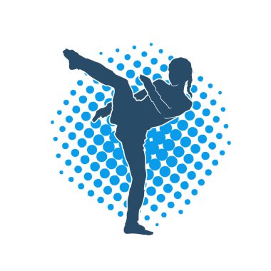 Hareketli kadın kickboksör atletinin silueti. Tekme atan bir kadının silueti..