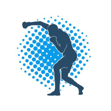 Erkek boks atletinin silueti iş başında. Boks sporu için eldiven giyen kaslı bir adamın silueti..