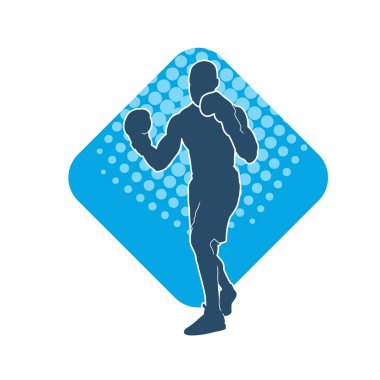 Erkek boks atletinin silueti iş başında. Boks sporu için eldiven giyen kaslı bir adamın silueti..