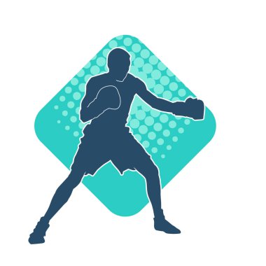 Erkek boks atletinin silueti iş başında. Boks sporu için eldiven giyen kaslı bir adamın silueti..