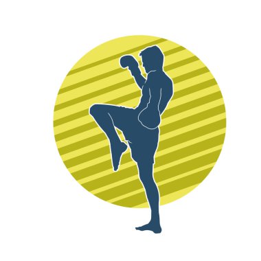 Hareketli erkek kickboksör atletinin silueti. Tekme atan bir adamın silueti..