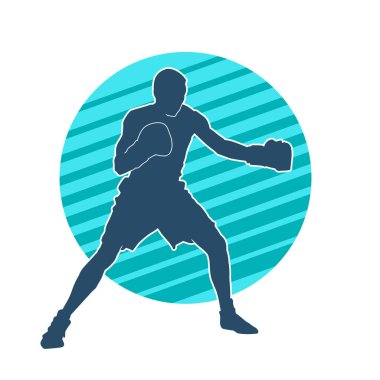 Erkek boks atletinin silueti iş başında. Boks sporu için eldiven giyen kaslı bir adamın silueti..