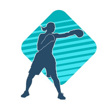 Kadın boks oyuncusunun silueti. Boks yaparken boks eldiveni giyen bir kadının silueti..