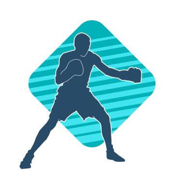 Erkek boks atletinin silueti iş başında. Boks sporu için eldiven giyen kaslı bir adamın silueti..