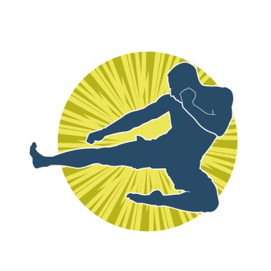 Hareketli erkek kickboksör atletinin silueti. Tekme atan bir adamın silueti..