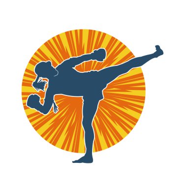 Hareketli erkek kickboksör atletinin silueti. Tekme atan bir adamın silueti..