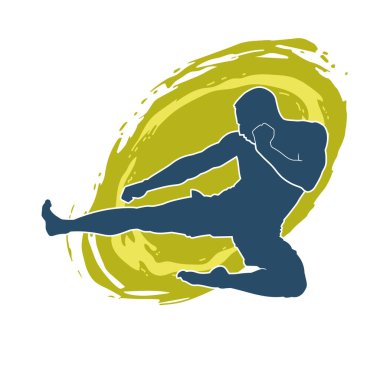 Hareketli erkek kickboksör atletinin silueti. Tekme atan bir adamın silueti..