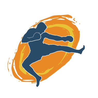 Hareketli erkek kickboksör atletinin silueti. Tekme atan bir adamın silueti..