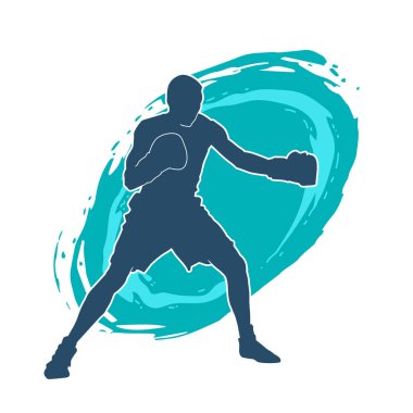 Erkek boks atletinin silueti iş başında. Boks sporu için eldiven giyen kaslı bir adamın silueti..