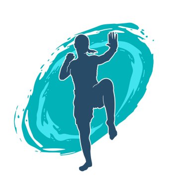 Hareketli kadın kickboksör atletinin silueti. Tekme atan bir kadının silueti..