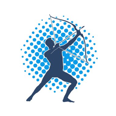 Hareketli erkek okçu savaşçısının silueti. Okçuluk silahı taşıyan bir adamın silueti..