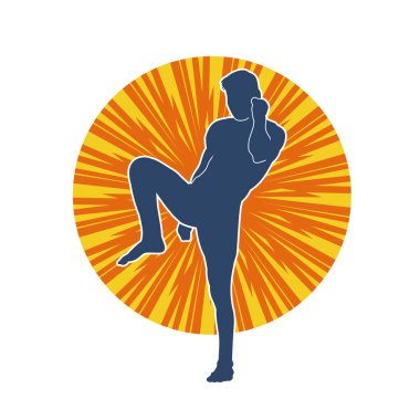Hareketli erkek kickboksör atletinin silueti. Tekme atan bir adamın silueti..