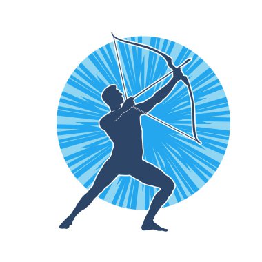 Hareketli erkek okçu savaşçısının silueti. Okçuluk silahı taşıyan bir adamın silueti..