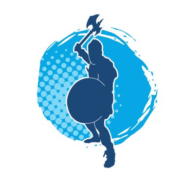 Muharebe halindeki bir savaşçının silueti savaş baltası ve demir kalkanla poz verir.