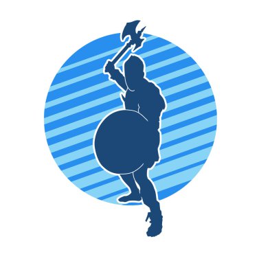 Muharebe halindeki bir savaşçının silueti savaş baltası ve demir kalkanla poz verir.