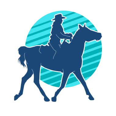 Vahşi batılı kovboy kız silueti ata biniyor. At sırtında bir kovboy kız silueti