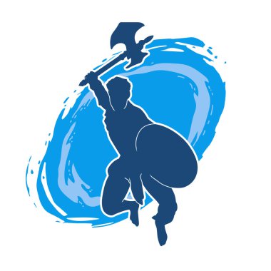 Muharebe halindeki bir savaşçının silueti savaş baltası ve demir kalkanla poz verir.