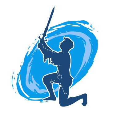 Erkek bir kılıç ustasının silueti kılıçla hareket halinde.