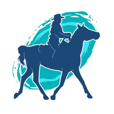 Vahşi batılı kovboy kız silueti ata biniyor. At sırtında bir kovboy kız silueti