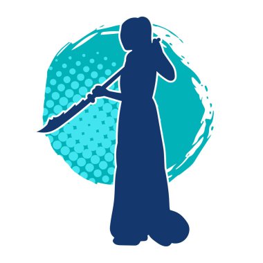 Bir kadın savaşçının silueti Polearm fauchard silahıyla poz veriyor.