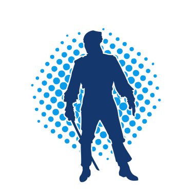 Elinde kılıç tutan korsan kostümlü bir adamın silueti. Bir kılıç ustasının silueti silahıyla poz veriyor..