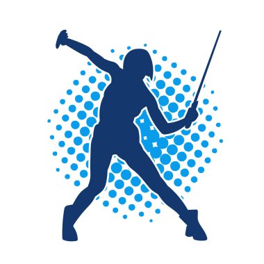 Bir kadın savaşçının silueti kılıç ile hareket halindeyken poz veriyor. Kılıcıyla bir kadın kahramanın silüeti..